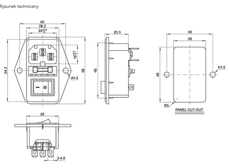 Gniazdo zasilające AC IEC wyłącznik + bezpiecznik