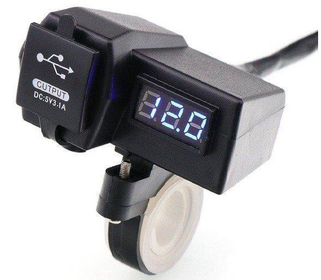  Ładowarka motocyklowa 2xUSB 5V 3.1 z woltomierzem niebieskim 