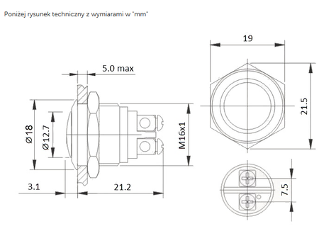 PBW-16BKS Przycisk wandaloodporny, monostabilny 2A 250V, klawisz wypukły