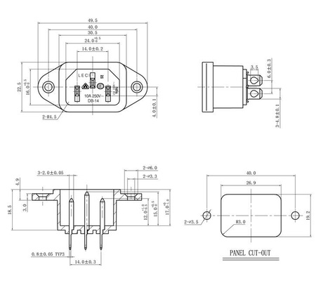Gniazdo AC IEC męskie do obudowy z klapką