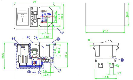 Gniazdo AC IEC męskie do obudowy na zatrzask z bezpiecznikiem i wyłącznikiem