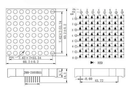 Moduł matrycy LED 8x8 czerwona 60x60mm wspólna anoda