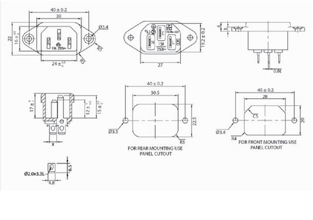 Gniazdo AC IEC męskie do obudowy z osłoną gumową