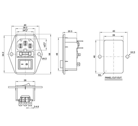 Gniazdo AC IEC męskie na zatrzask z wyłącznikiem i bezpiecznikiem