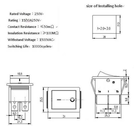 Przełącznik kołyskowy chwilowy KCD4 15A 250V podwójny (ON)-OFF czarny