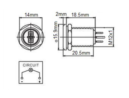 Metalowa kontrolka LED 16mm 230V czerwona T2 z konektorami