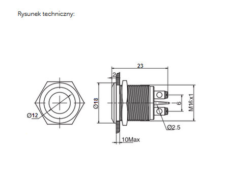 Kontrolka LED 18mm 12V metalowa czerwona